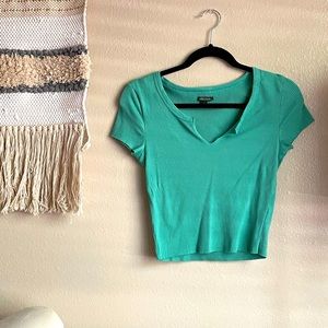 Wild Fable teal long crop v slit front